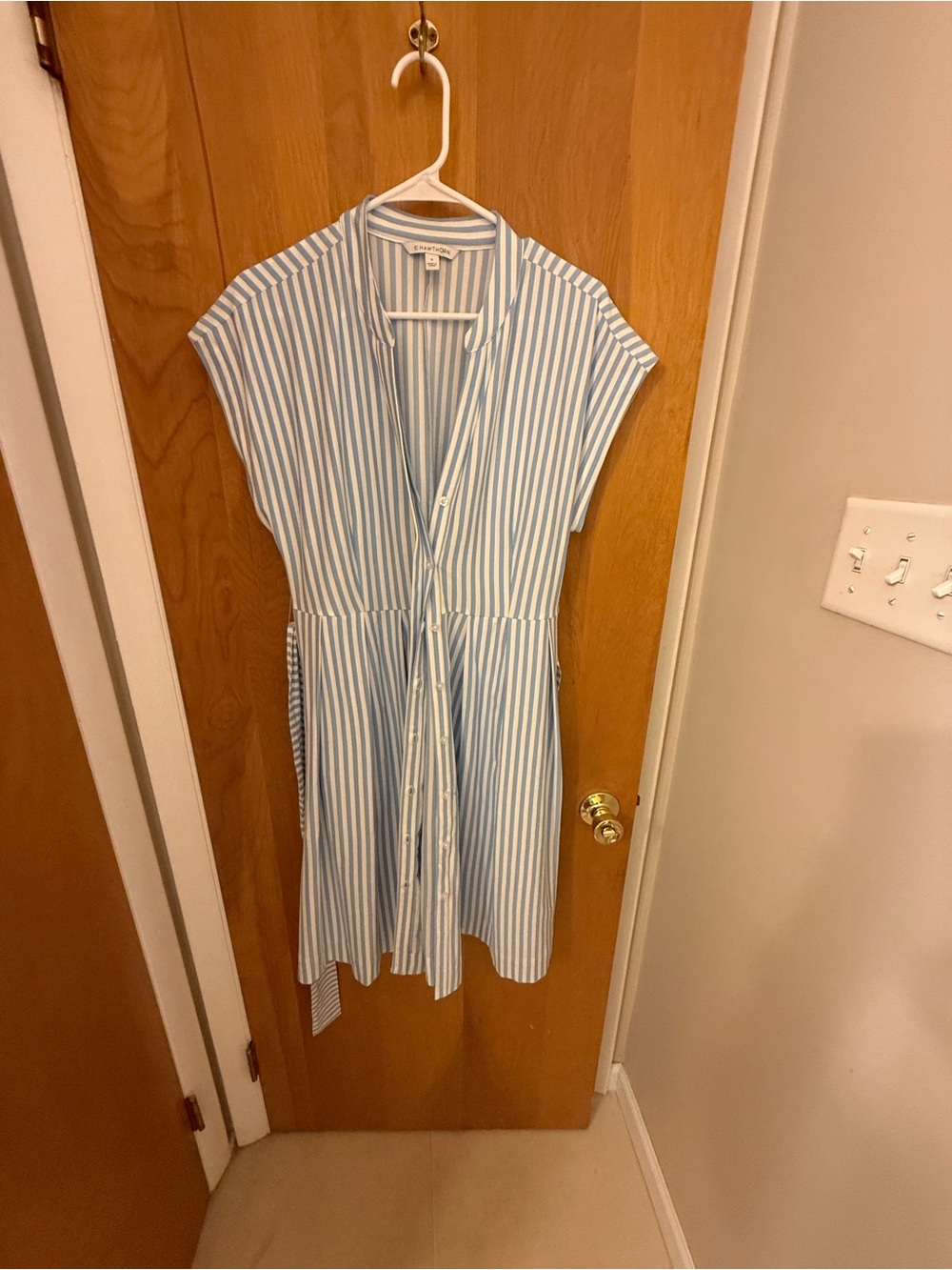 41 Hawthorn Blue and White Paris Knit Striped Button-Front Mini Dress